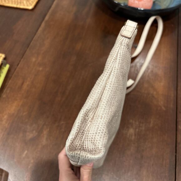 Fossil Leather Fabric Tan and Cream Crossbody Bag Zipped Pockets - Picture 6 of 16